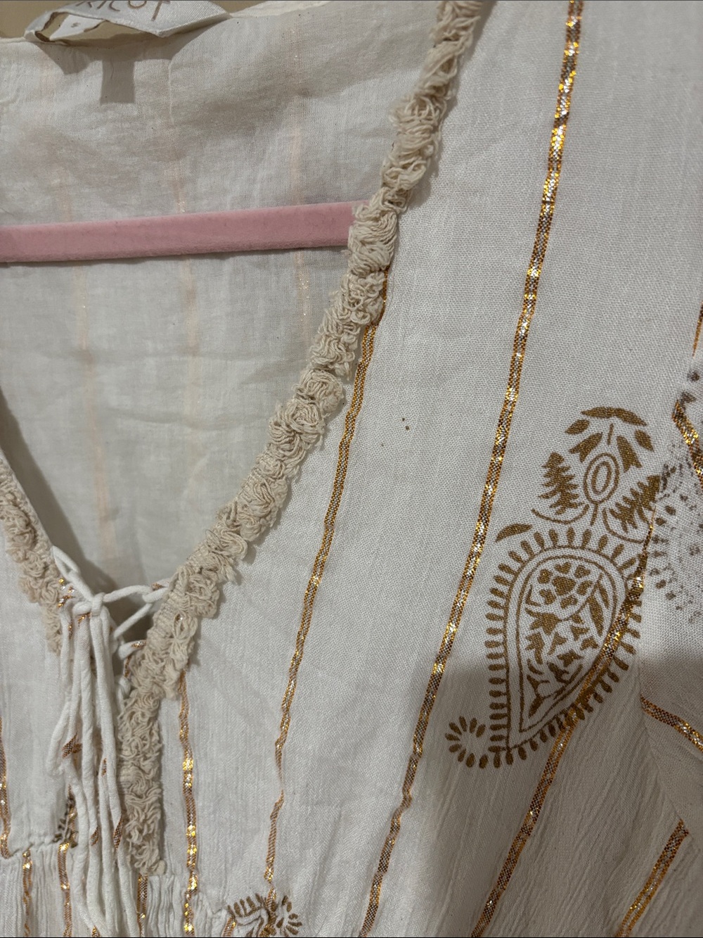 Boho Tassel Tie V-Neck Women’s Dress in Cream and Brown - Picture 6 of 6